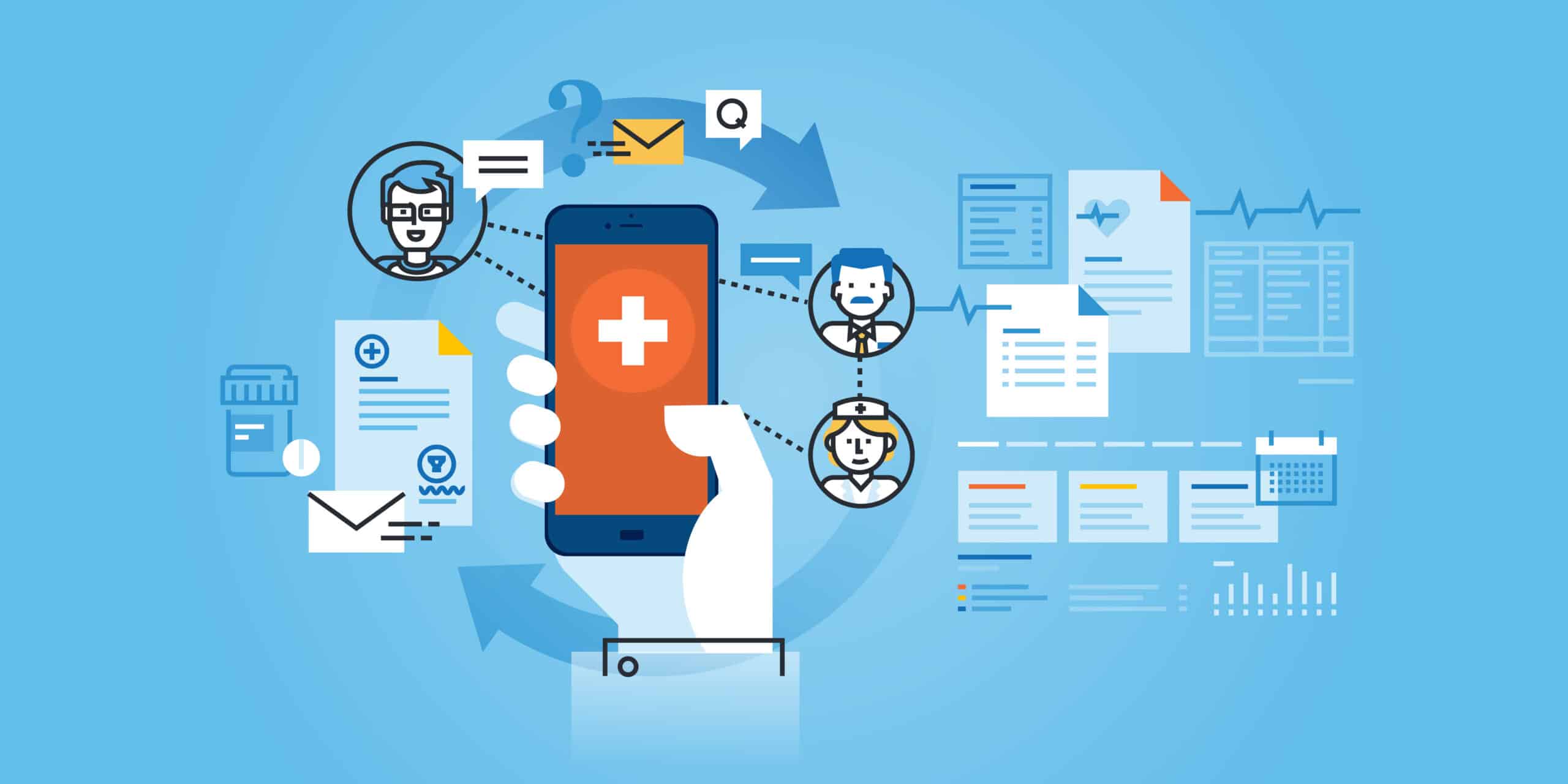modern healthcare app illustration featuring a smartphone and various medical icons for patient support.