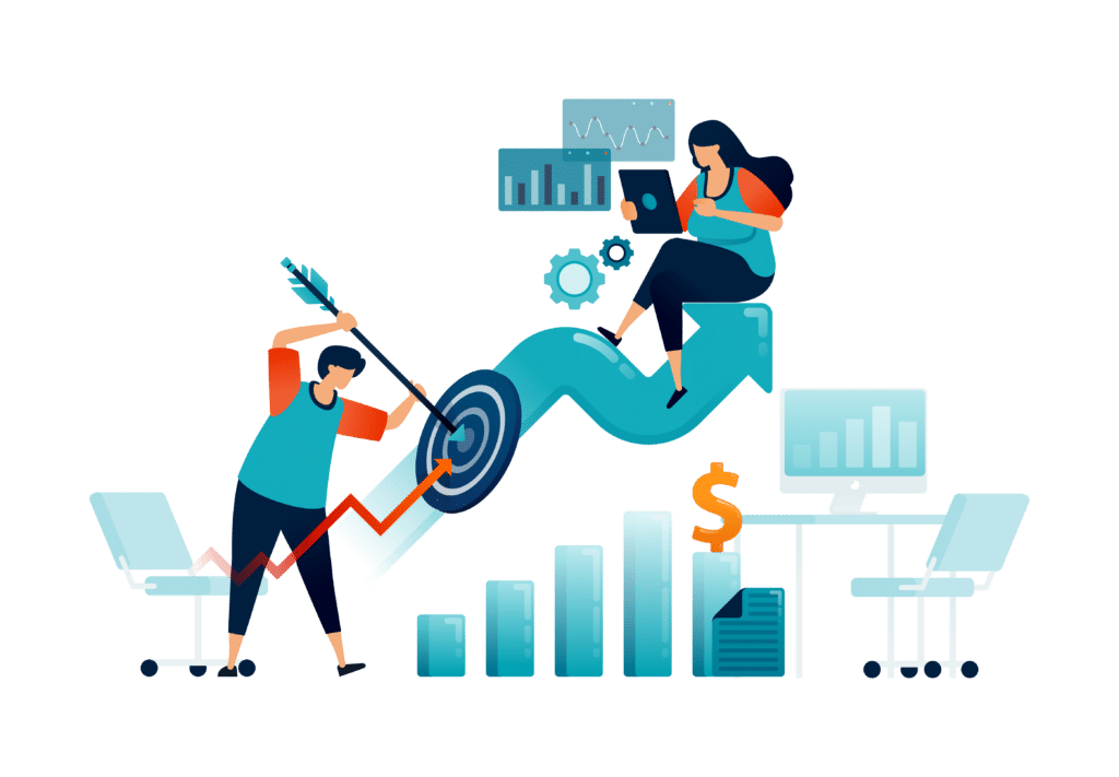 vibrant illustration of business growth, featuring success, analytics, and the balance of action and strategy.